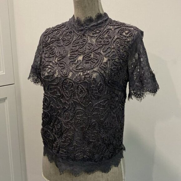 Zara Grey Lace Scalloped Top Size Medium - Picture 5 of 11